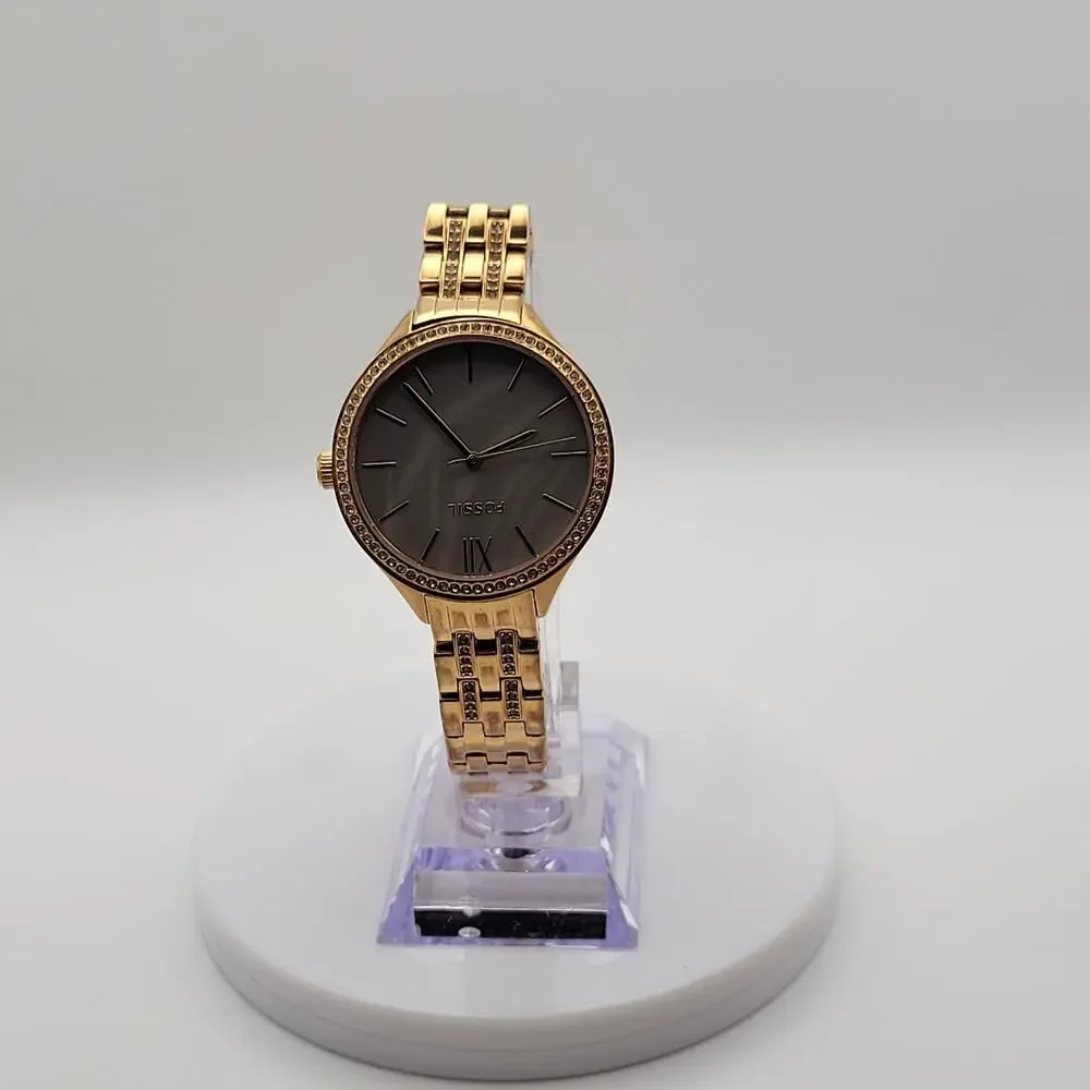 Fossil Womens Gold Tone Dark Mother of Pearl Dial Crystal Quartz Watch